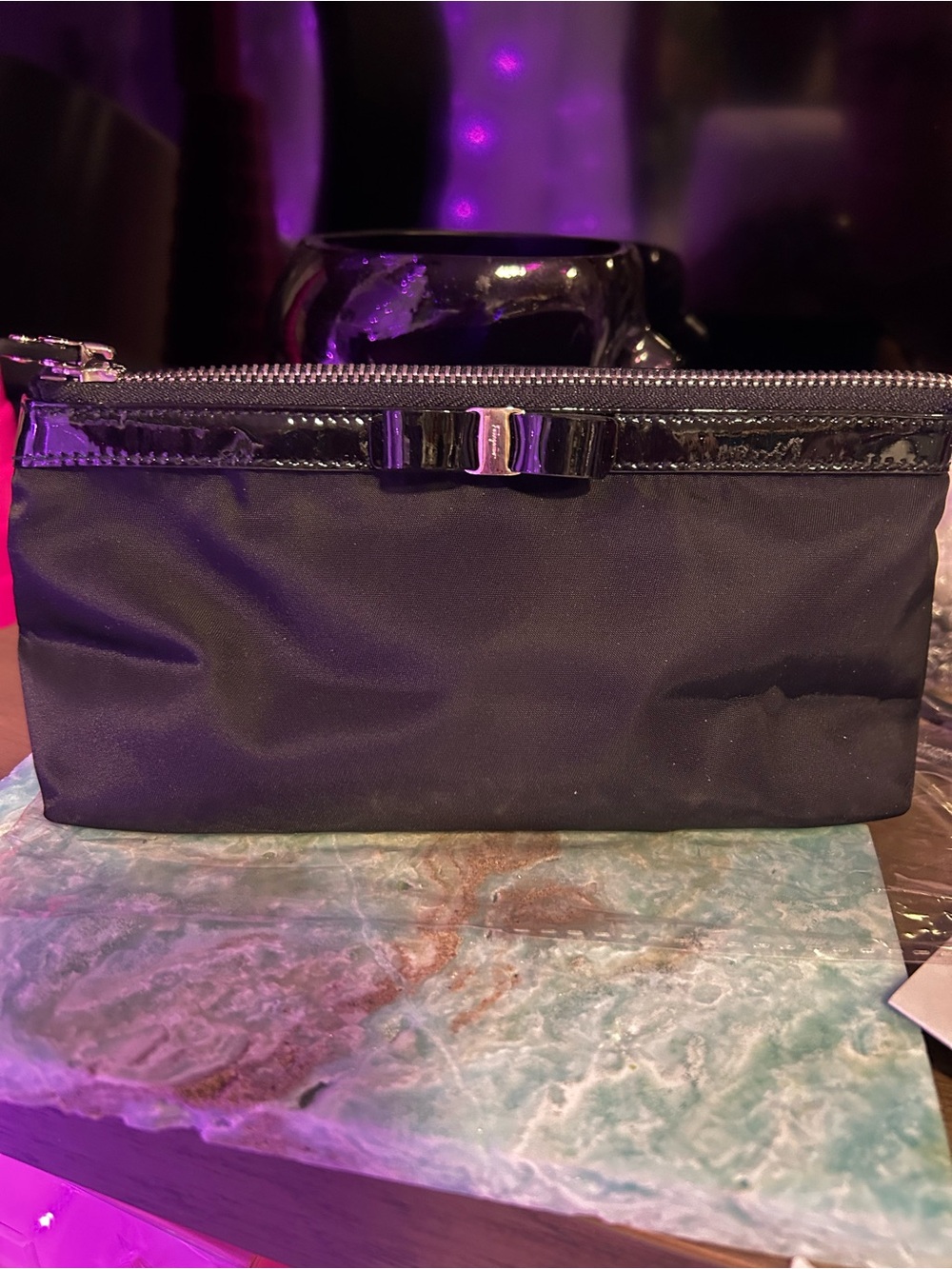 Salvatore Ferragamo Black Nylon Zip-Top Toiletry Pouch with Bow Trim